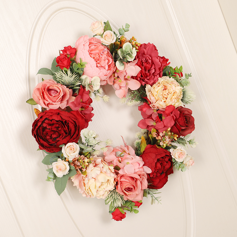 粉红色玫瑰绣球仿真花环结婚婚房装饰门挂壁挂婚庆求婚花艺布置
