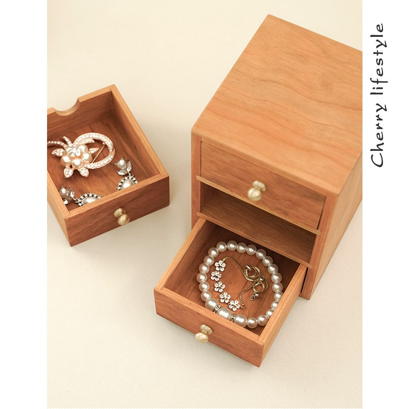 樱桃木抽屉式三层收纳柜桌面咖啡茶叶杯文件收纳迷你小柜子储物盒