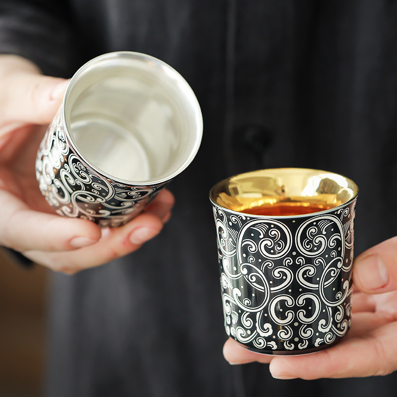 金银错茶杯中式复古缠枝莲主人杯个人专用喝茶品茗杯陶瓷鎏银茶盏