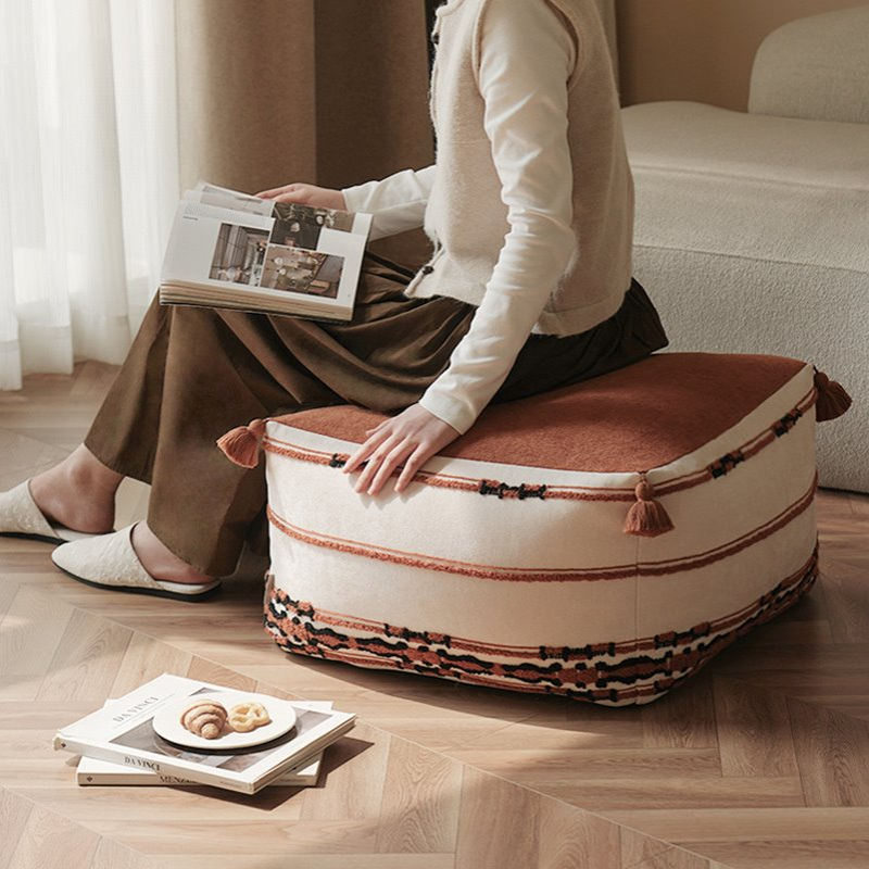 澜品『岁檀』橘红格子流苏可拆洗坐墩客厅墩子蒲团坐垫沙发垫凳子