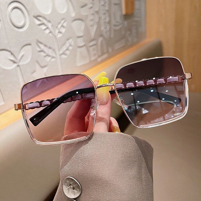 新款时尚半框太阳镜 皮质链条女款防紫外线墨镜小香方框素颜眼镜