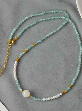 蓝色气质项链水晶石串珠链条小珍珠猫眼石吊坠小清新百搭新款项链