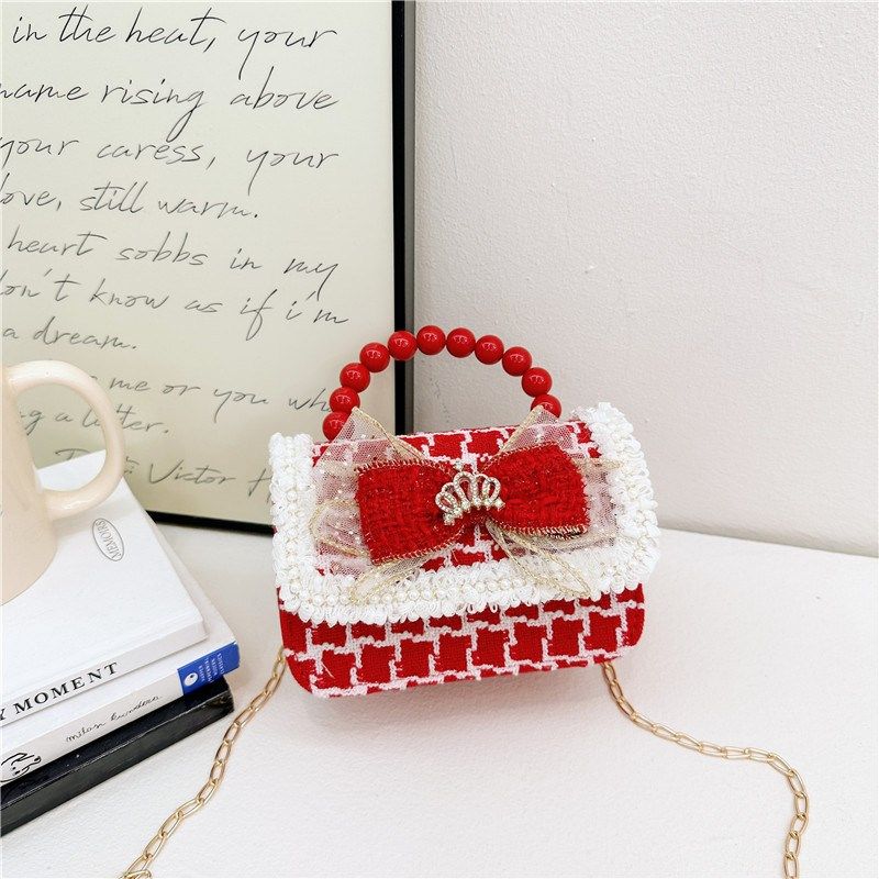 新年大红色小方包儿童珍珠手提包宝宝可爱蝴蝶结链条包女童零钱包