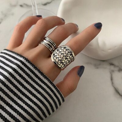 srrmhyn日韩个性编织戒指女复古气质多层鱼鳞开口指环嘻哈