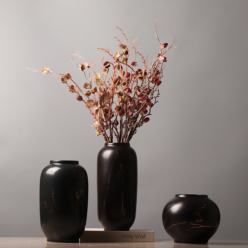 电视柜茶几鲜花新中式黑金拼色陶瓷花I瓶摆件客厅创意插花装饰品