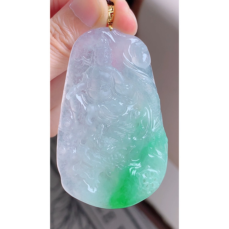缅甸天然A货玉石翡翠老坑冰种手工精雕18k金冰飘阳绿祥龙观音吊坠