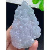 缅甸天然A货玉石翡翠 老坑冰种手工精雕淡紫黄财神吊坠