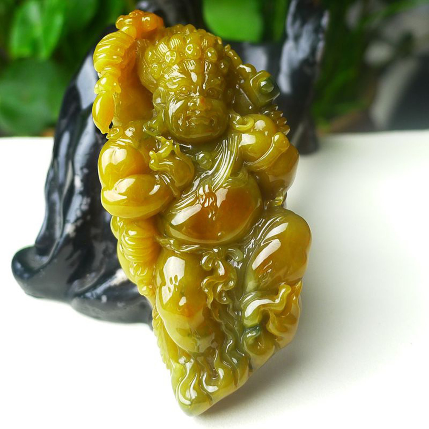 缅甸天然A货玉石翡翠老坑冰种手工精雕俏色巧雕 黄翡不动明王吊坠