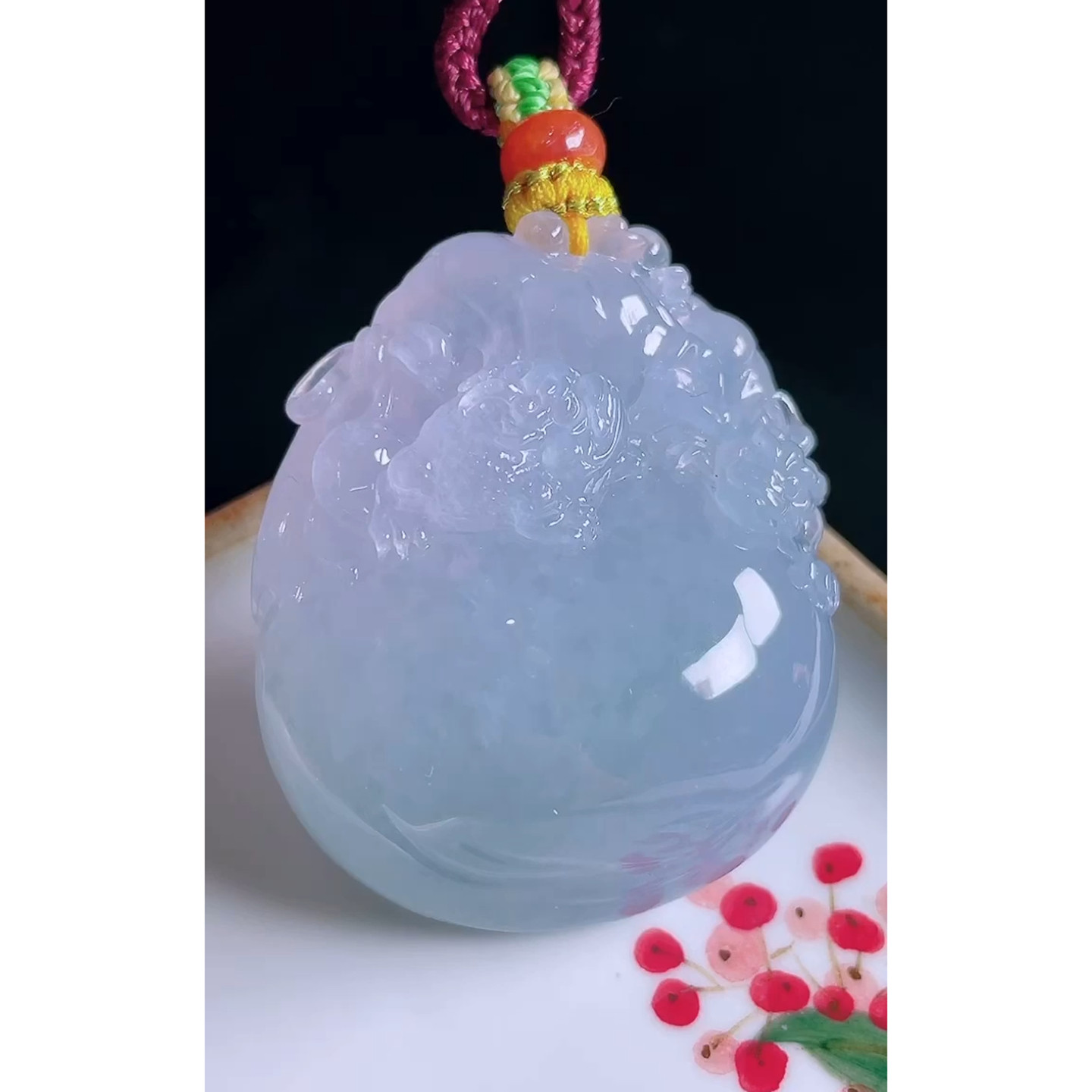 缅甸天然A货玉石翡翠 老坑冰种手工精雕紫大钱袋吊坠