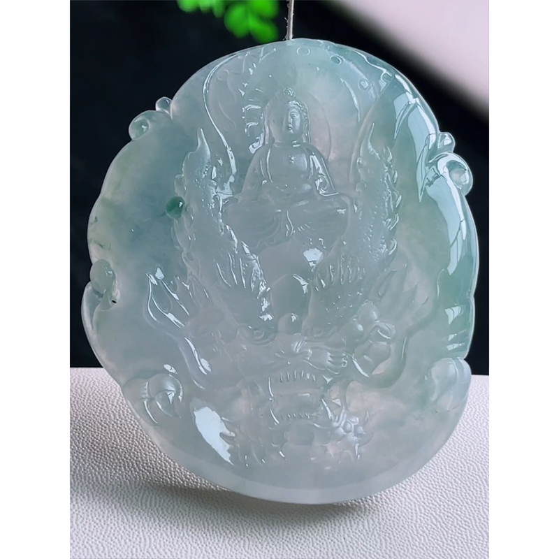 缅甸天然A货玉石翡翠 老坑冰种 手工精雕 神龙护主大日如来吊坠