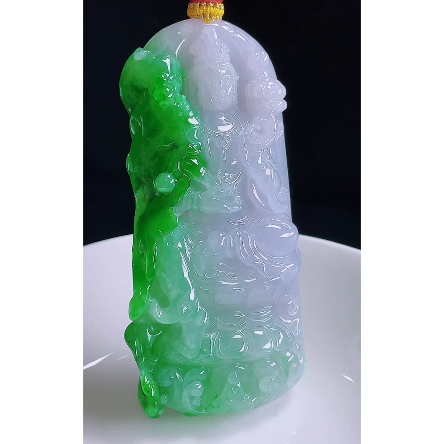 缅甸天然A货玉石翡翠 老坑冰种手工精雕辣阳绿观音吊坠