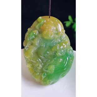 缅甸天然A货玉石翡翠 吊坠 老坑精雕冰种 手工雕刻黄加绿黄财神