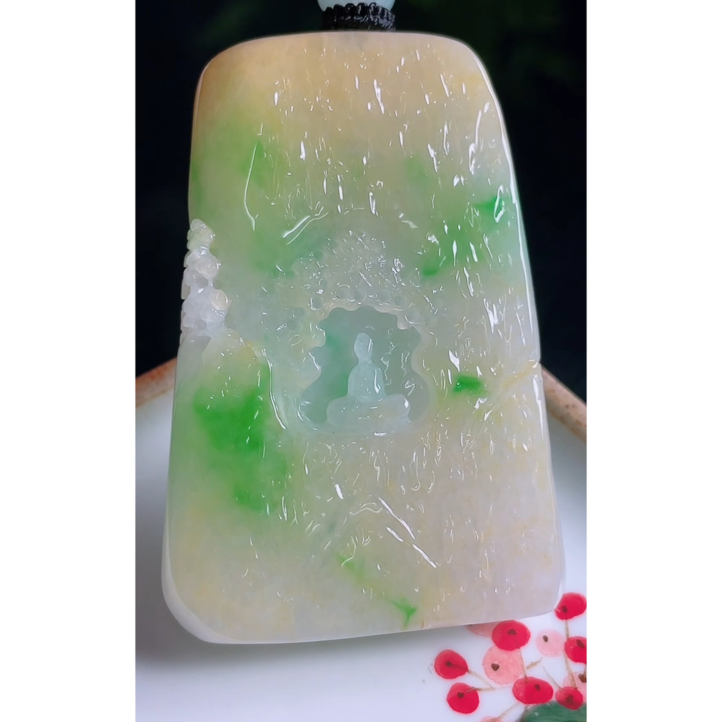 缅甸天然A货玉石翡翠 老坑冰种手工精雕三彩黄加绿悟道吊坠