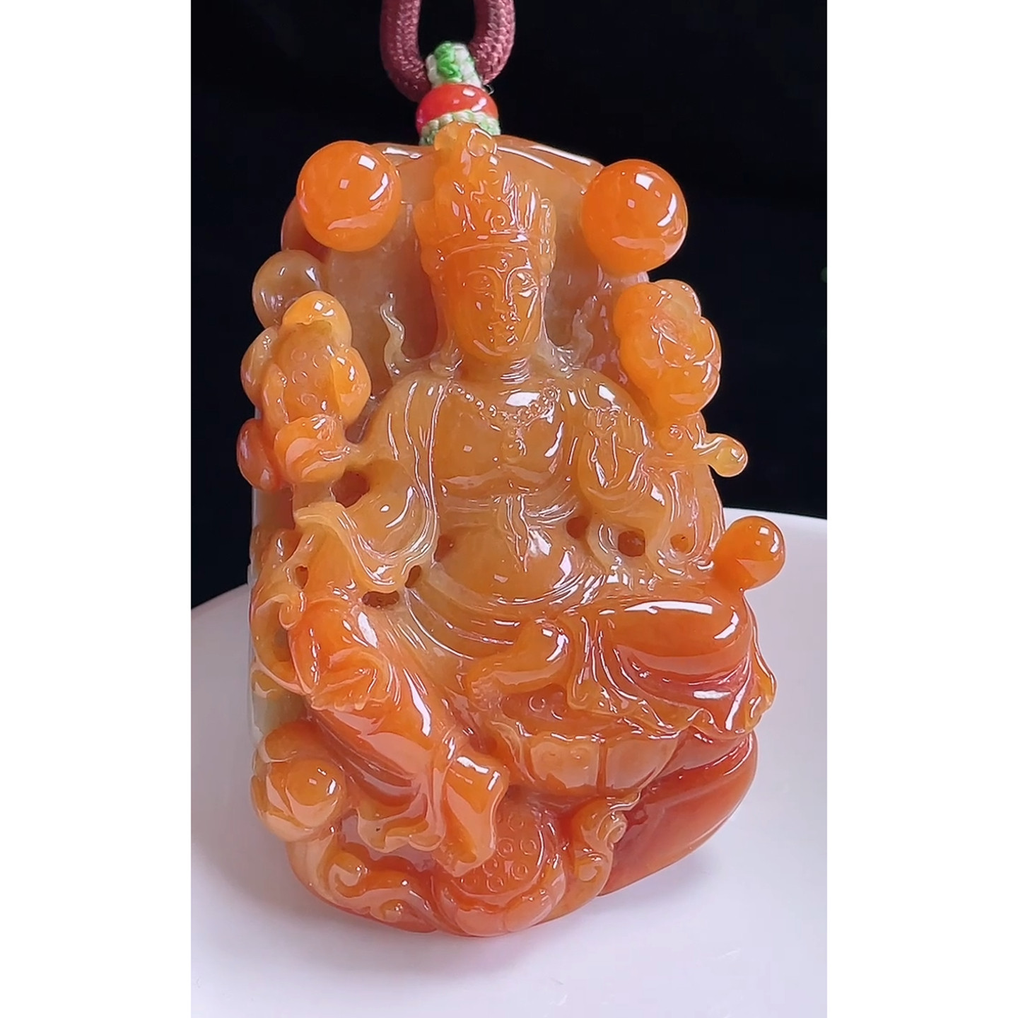 缅甸天然A货玉石翡翠 老坑冰种手工精雕红翡观音牌吊坠