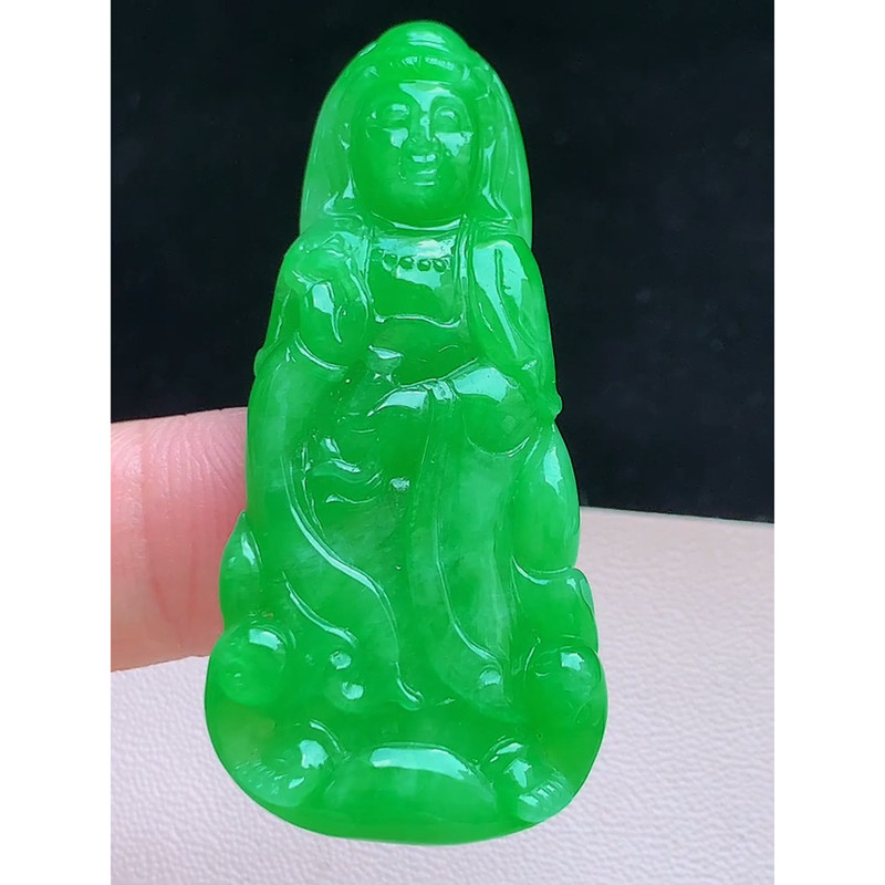 缅甸天然A货玉石翡翠 老坑冰种 手工精雕 阳绿观音吊坠