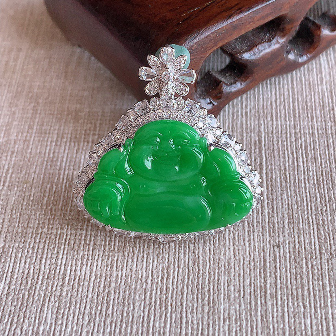 缅甸天然A货玉石翡翠 老坑冰种 手工精雕 18K金伴钻阳绿佛公吊坠