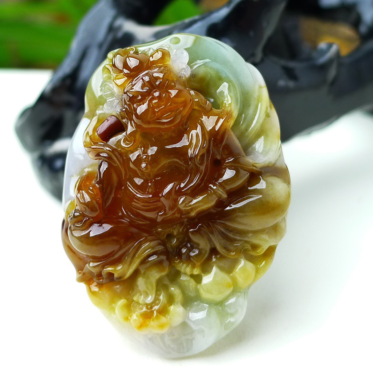 缅甸天然A货玉石翡翠 老坑冰种手工精雕双彩红翡黄财神吊坠