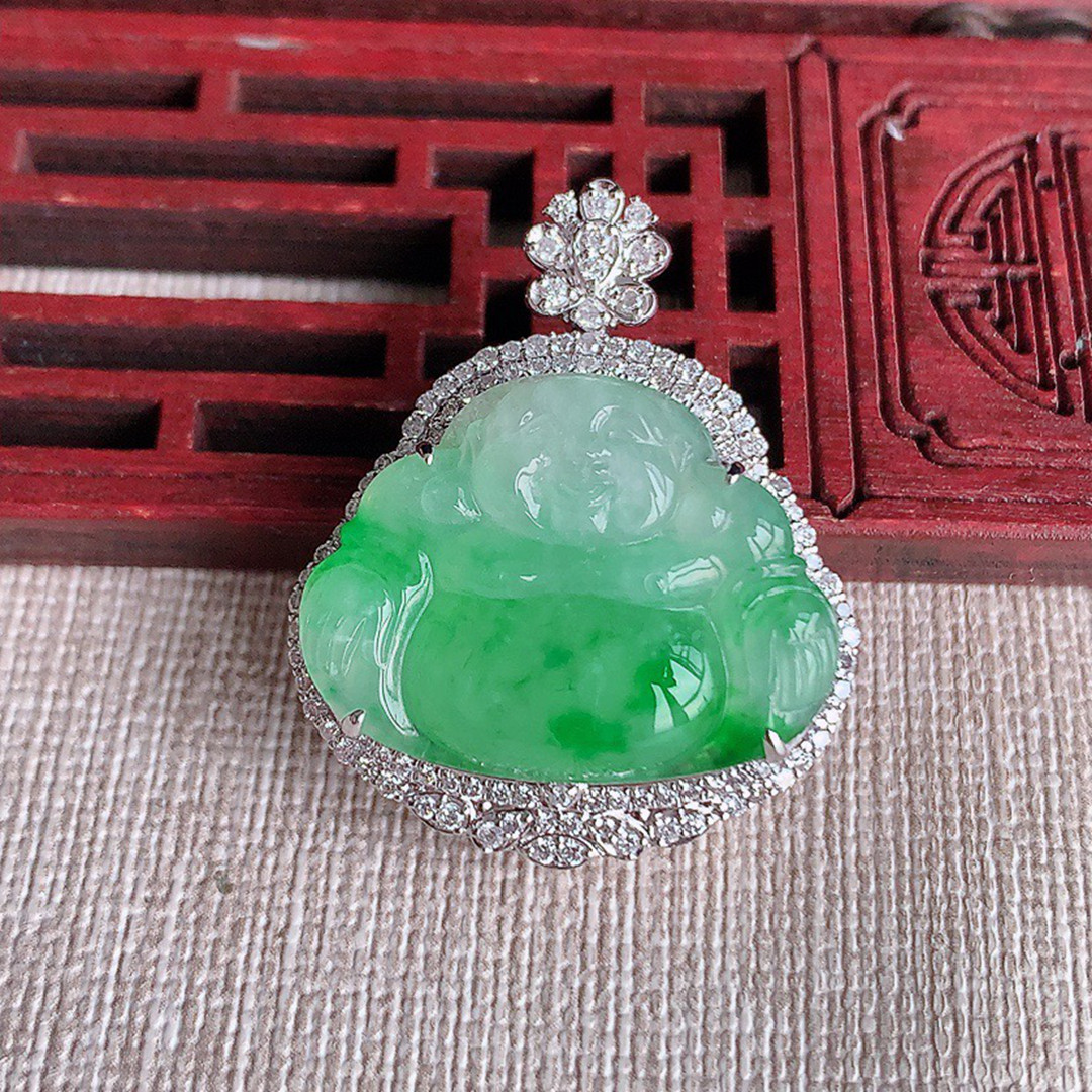 缅甸天然A货玉石翡翠 老坑冰种 手工精雕18K金伴钻飘阳绿佛公吊坠