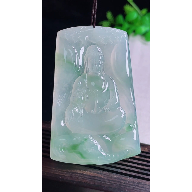 缅甸天然A货玉石翡翠 老坑精雕冰种 手工雕刻 飘花普贤菩萨吊坠