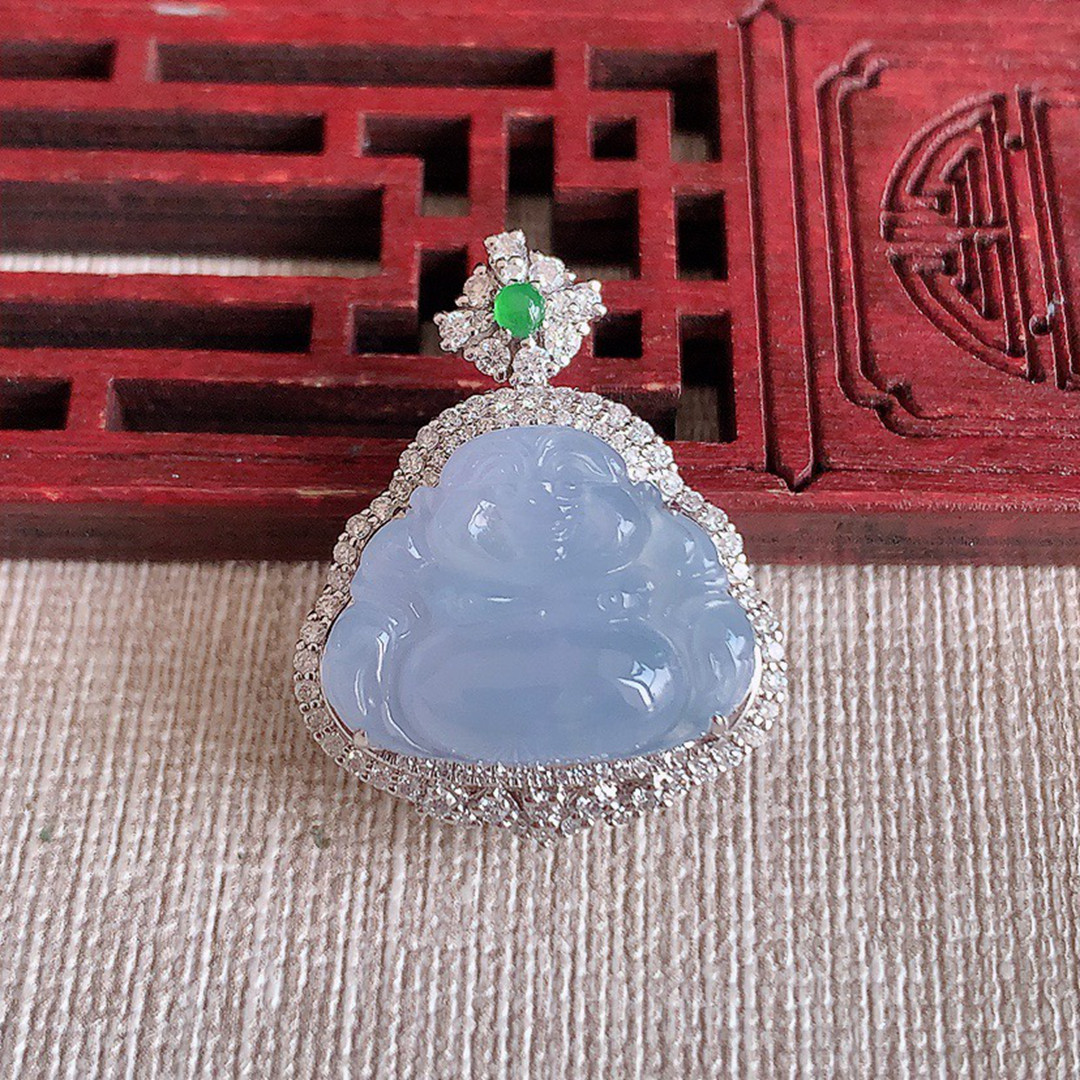 缅甸天然A货玉石翡翠 老坑冰种 手工精雕18K金伴钻紫罗兰佛公吊坠