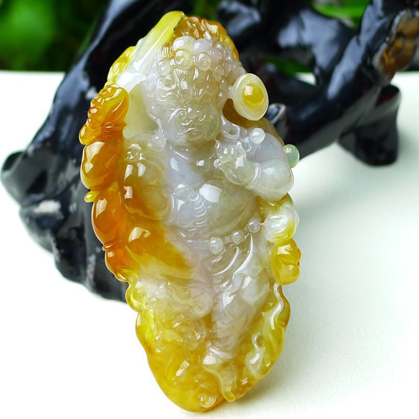 缅甸天然A货玉石翡翠 老坑冰种手工精雕俏色红黄翡不动明王吊坠