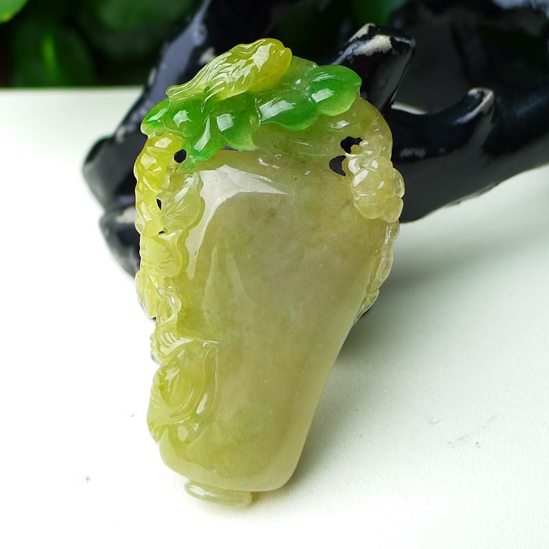 缅甸天然A货玉石翡翠 老坑冰种 手工精雕 黄加绿 花瓶吊坠吊坠