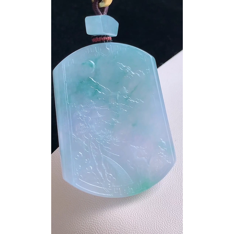 缅甸天然A货玉石翡翠 老坑精雕冰种 手工雕刻 飘花山水牌吊坠