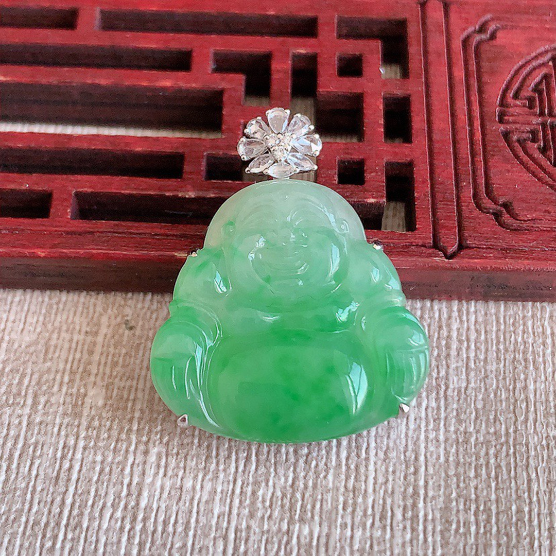 缅甸天然A货玉石翡翠 老坑冰种 手工精雕 18K金伴钻飘绿佛公吊坠