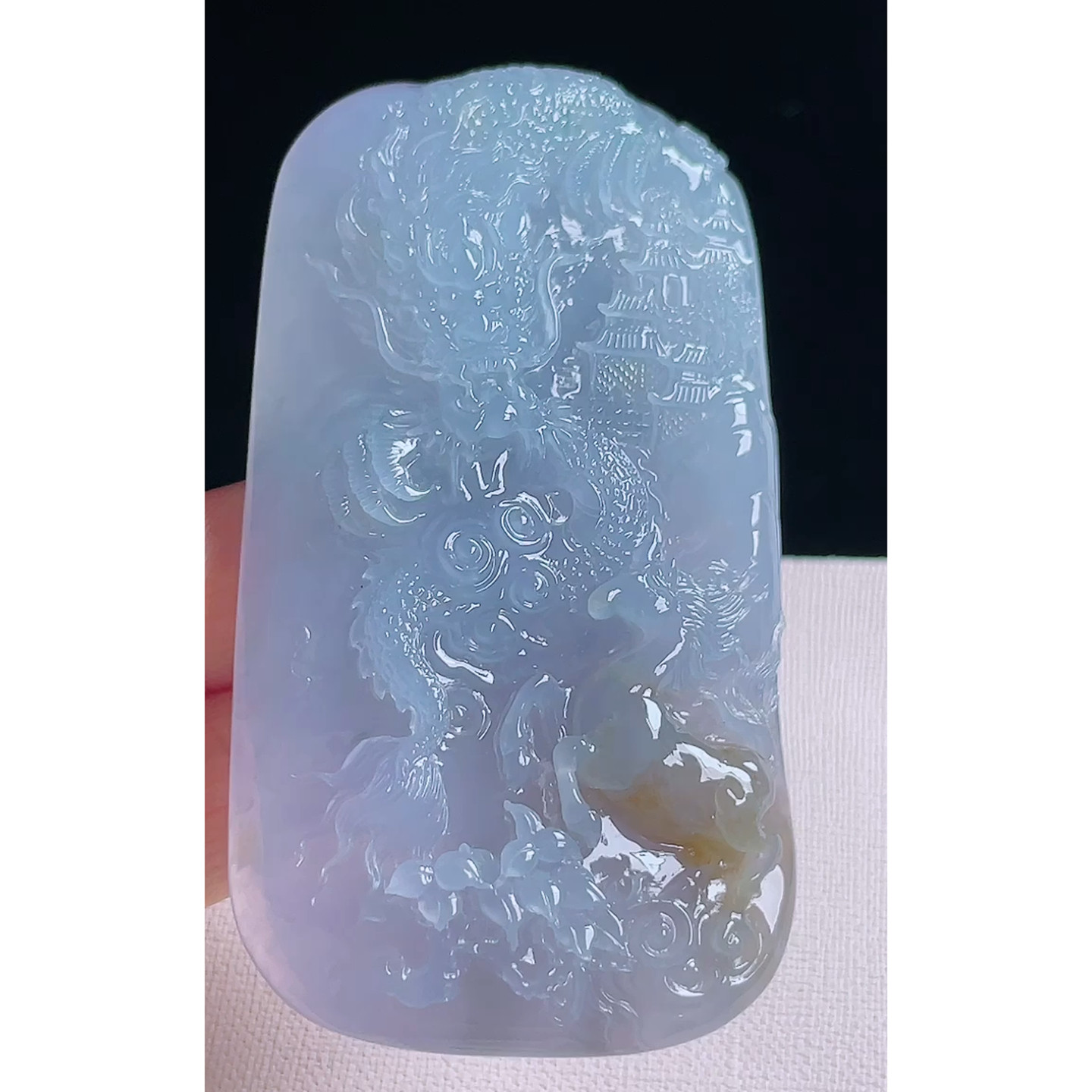 缅甸天然A货玉石翡翠 老坑冰种手工精雕紫罗兰龙马精神吊坠