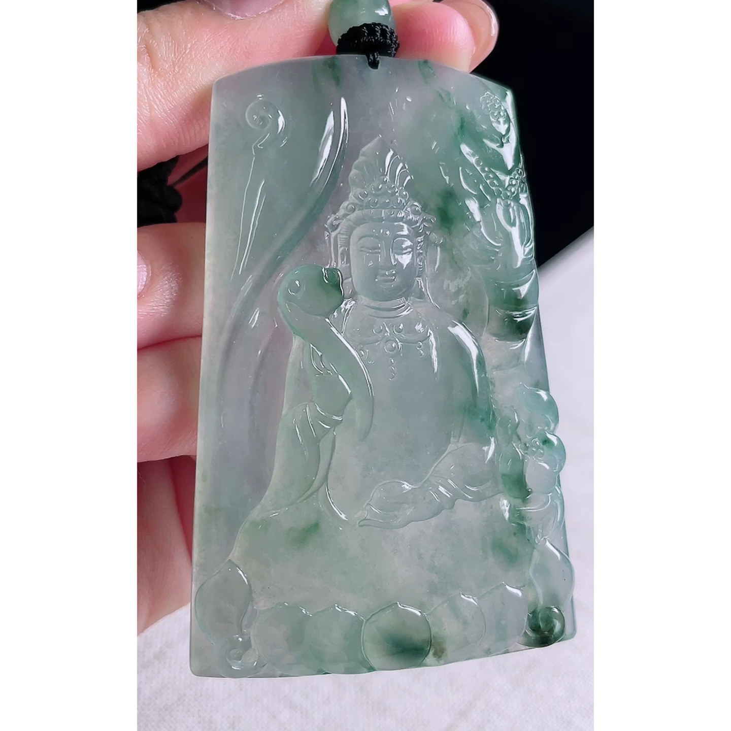 缅甸天然A货玉石翡翠 老坑冰种手工精雕飘花观音吊坠