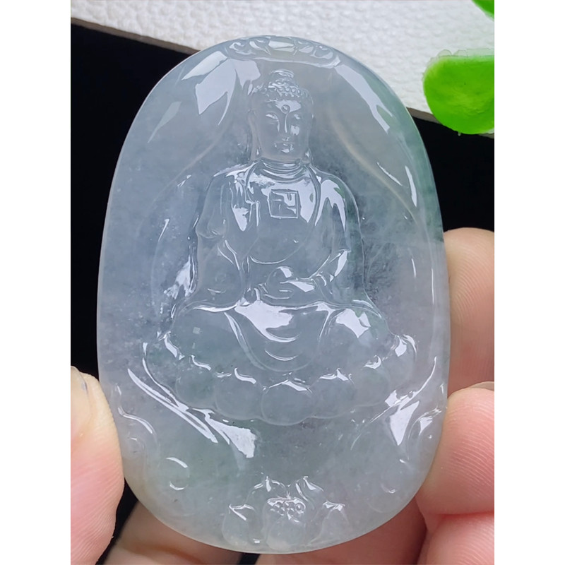 缅甸天然A货玉石翡翠 老坑冰种 手工精雕 阿弥陀佛菩萨牌吊坠