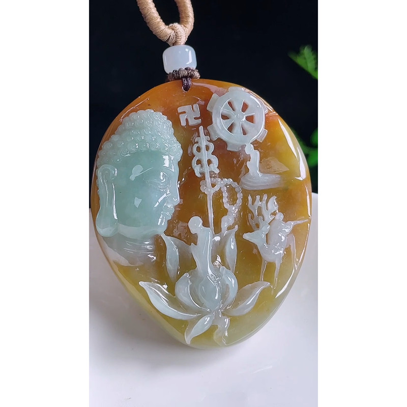 缅甸天然A货玉石翡翠 老坑精雕冰种 手工雕刻红黄翡佛头 吊坠