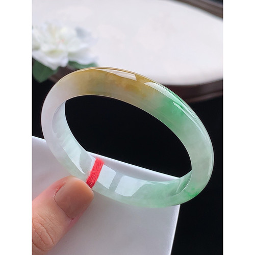 翠满家珠宝 缅甸天然A货翡翠 老坑冰种黄加绿贵妃手镯52-53小圈口