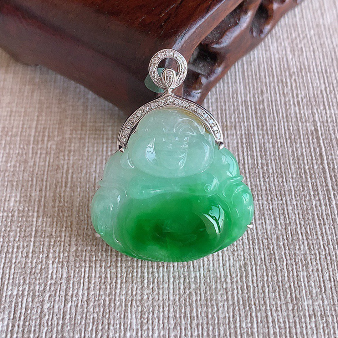 缅甸天然A货玉石翡翠 老坑冰种 手工精雕18K金伴钻黄加绿佛公吊坠