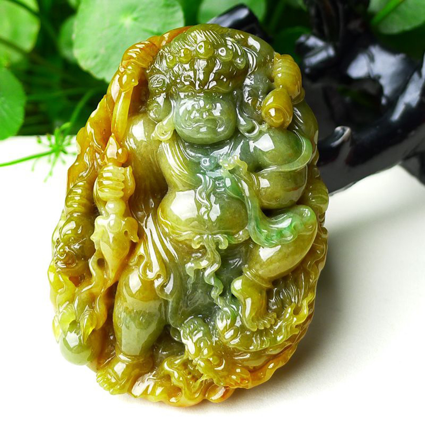 缅甸天然A货玉石翡翠 老坑冰种手工精雕黄翡不动明王吊坠