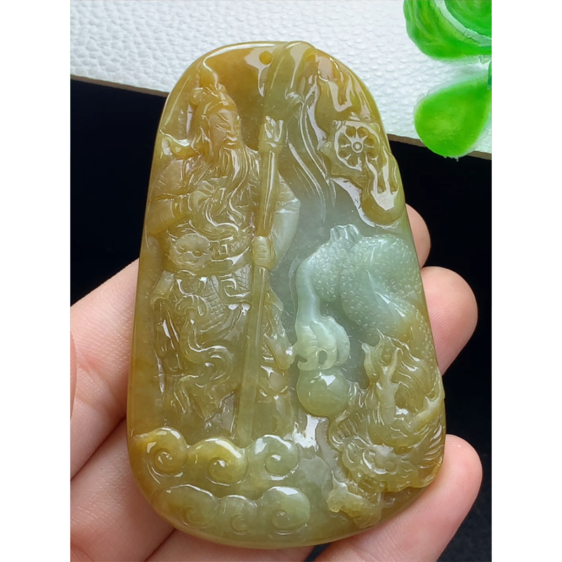 缅甸天然A货玉石翡翠 老坑冰种 手工精雕 黄翡关公牌/武财神 吊坠