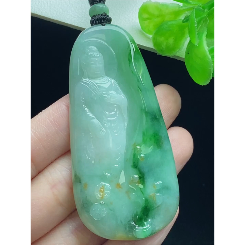 缅甸天然A货玉石翡翠 老坑冰种 手工精雕 飘花阿弥陀佛菩萨牌吊坠