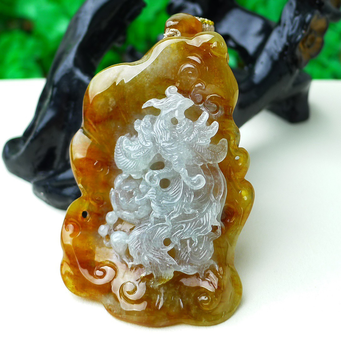 缅甸天然A货玉石翡翠 老坑冰种手工精雕俏色双彩 红翡凤牌吊坠