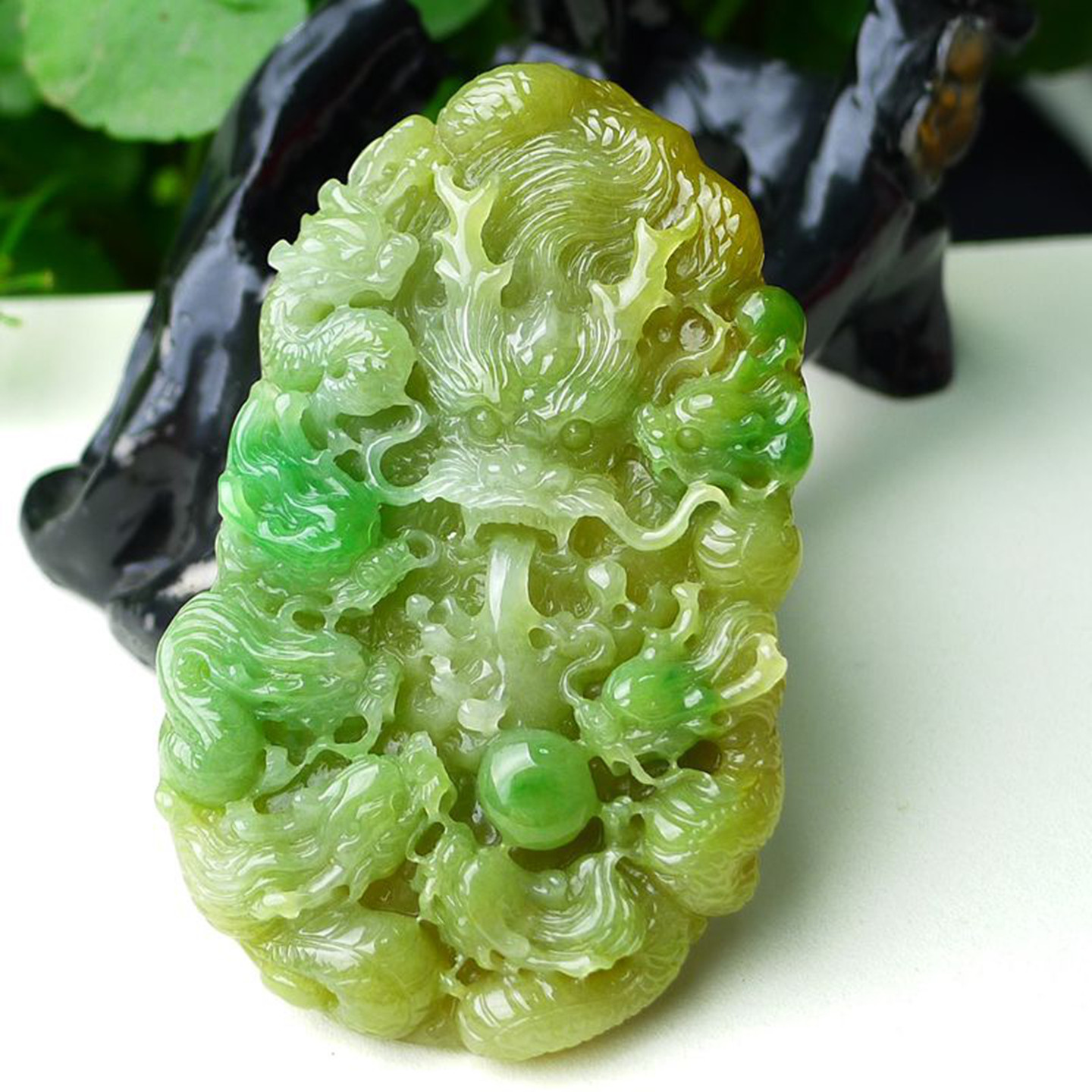 缅甸天然A货玉石翡翠 老坑冰种手工精雕双彩黄加绿九龙吊坠