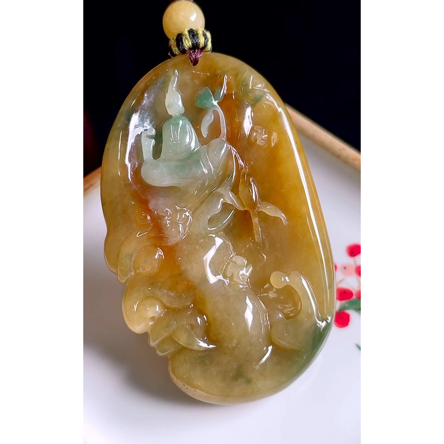 缅甸天然A货玉石翡翠 老坑冰种手工精雕红翡悟道吊坠
