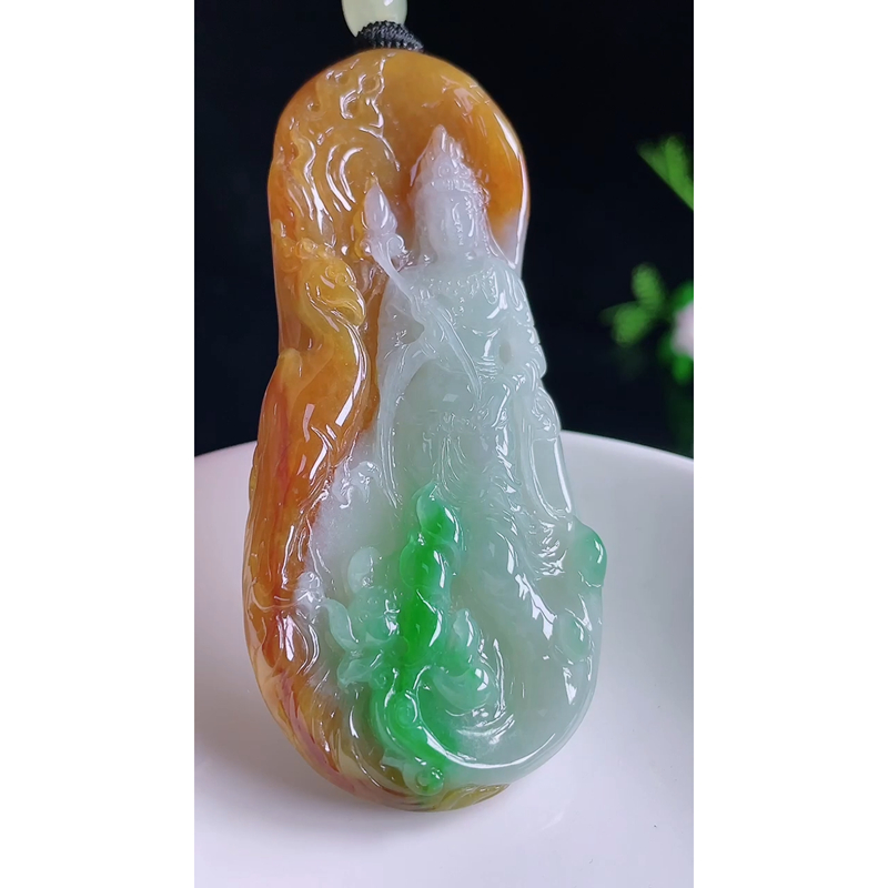 缅甸天然A货玉石翡翠 精雕老坑冰种黄加绿观音吊坠