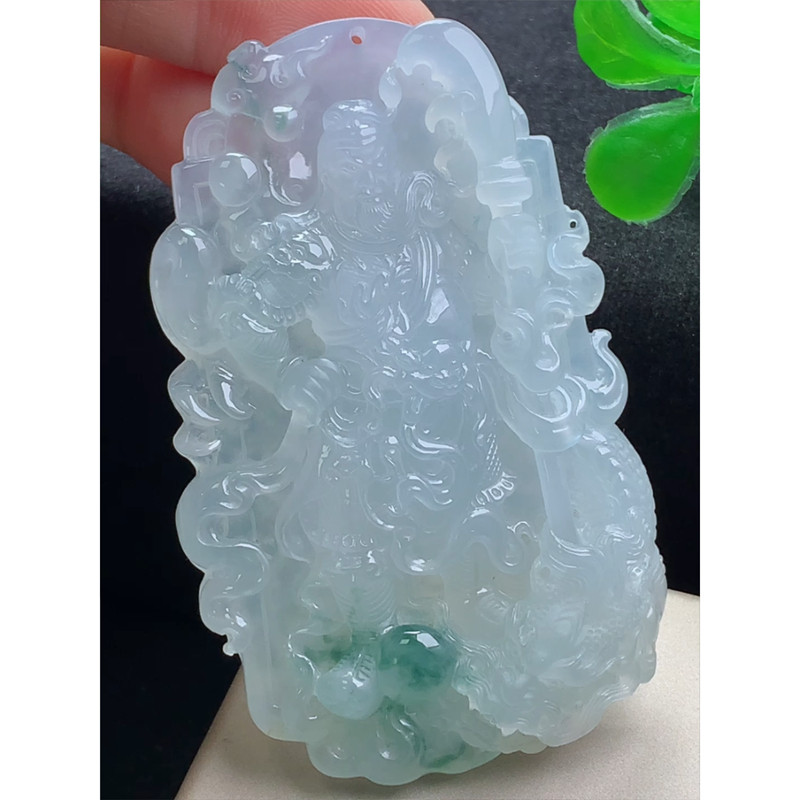 缅甸天然A货玉石翡翠 老坑冰种 手工精雕 飘绿关公牌吊坠
