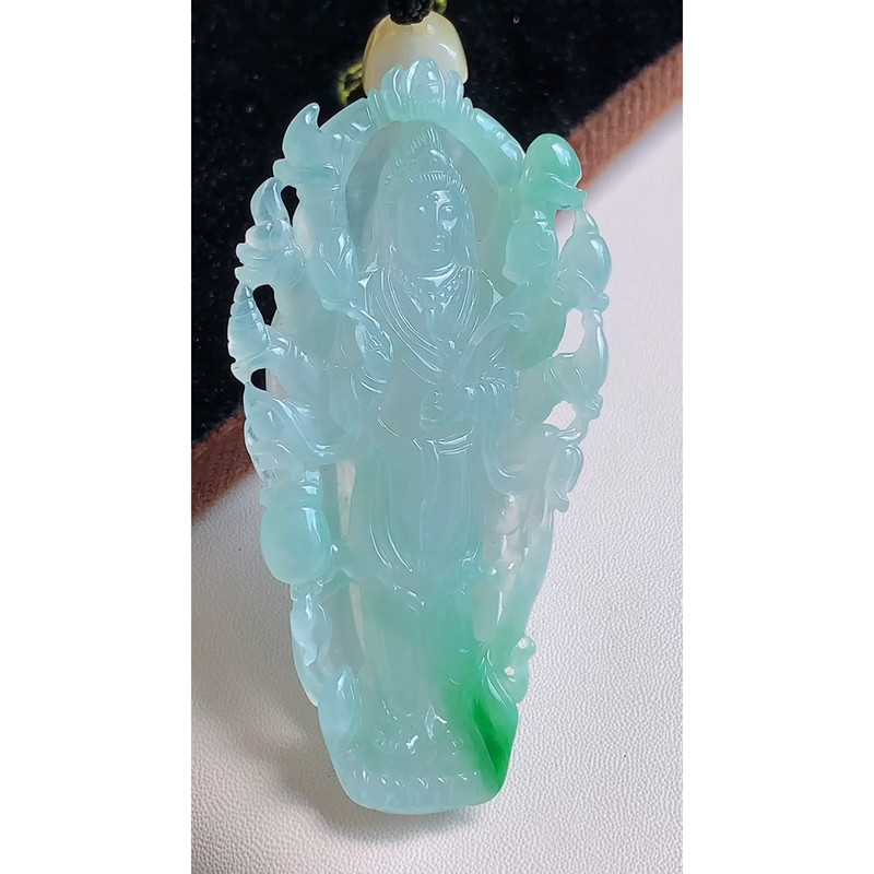 缅甸天然A货玉石翡翠 老坑冰种 手工精雕 飘阳绿千手观音吊坠