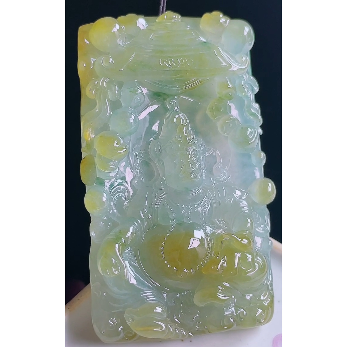 缅甸天然A货玉石翡翠 老坑冰种手工精雕黄翡飘花黄财神吊坠