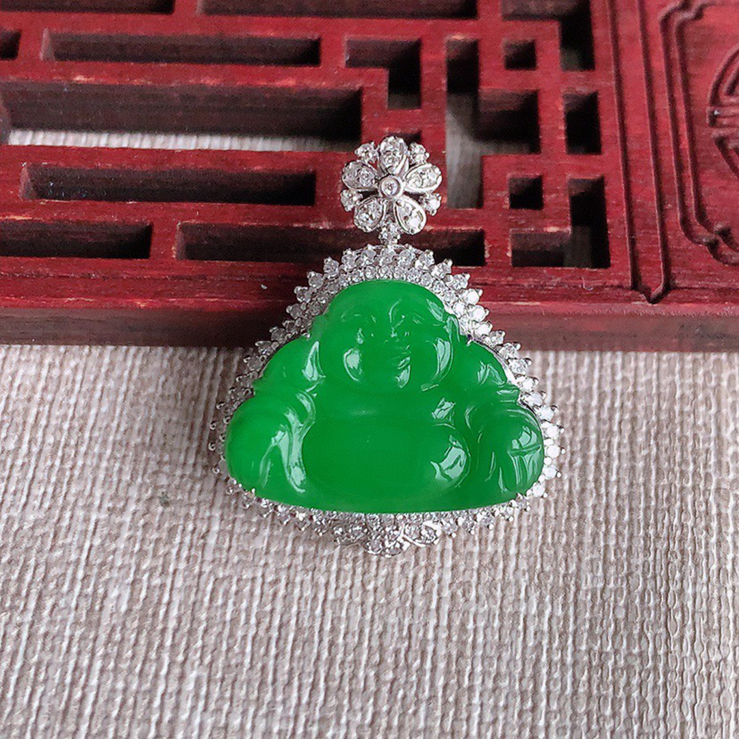 缅甸天然A货玉石翡翠 老坑冰种 手工精雕 18K金镶阳绿佛公吊坠