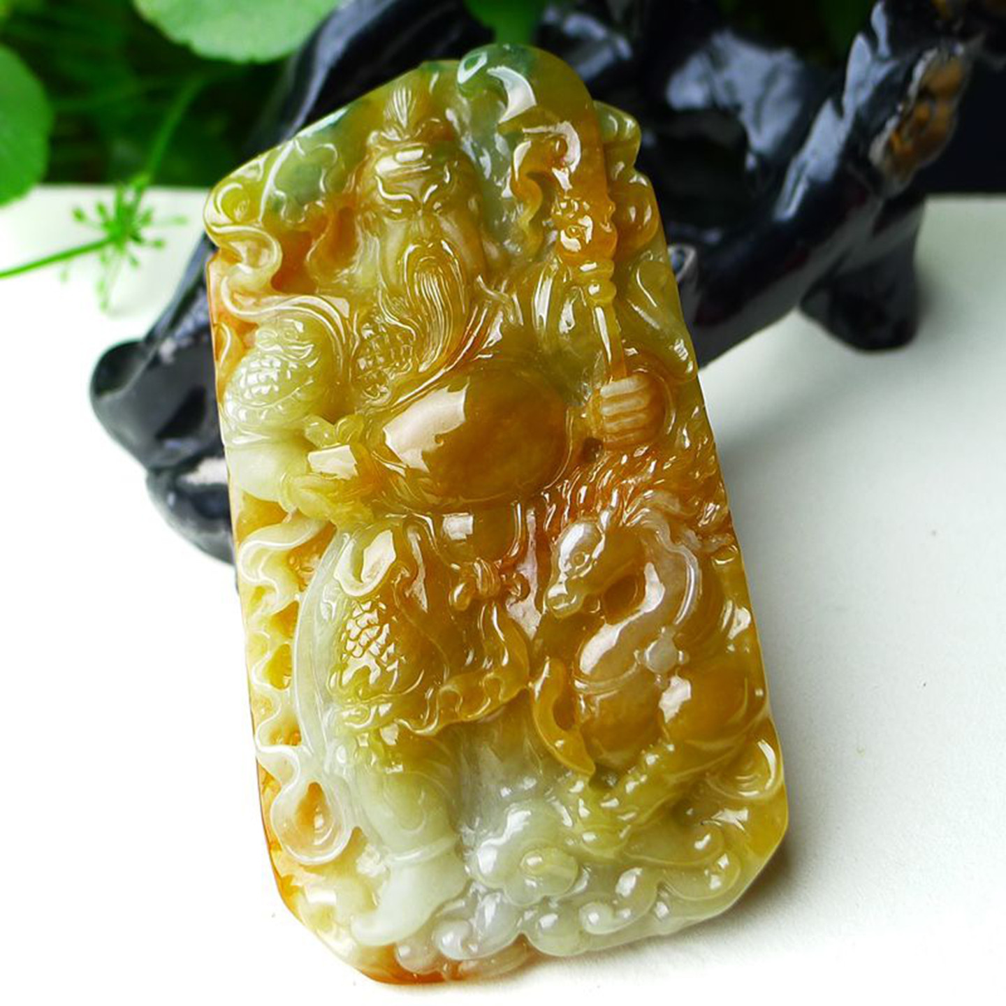 缅甸天然A货玉石翡翠 老坑冰种手工精雕双彩 红翡关公吊坠