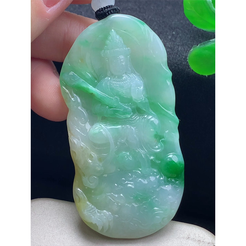 缅甸天然A货玉石翡翠 老坑冰种 手工精雕 黄加绿文殊菩萨吊坠