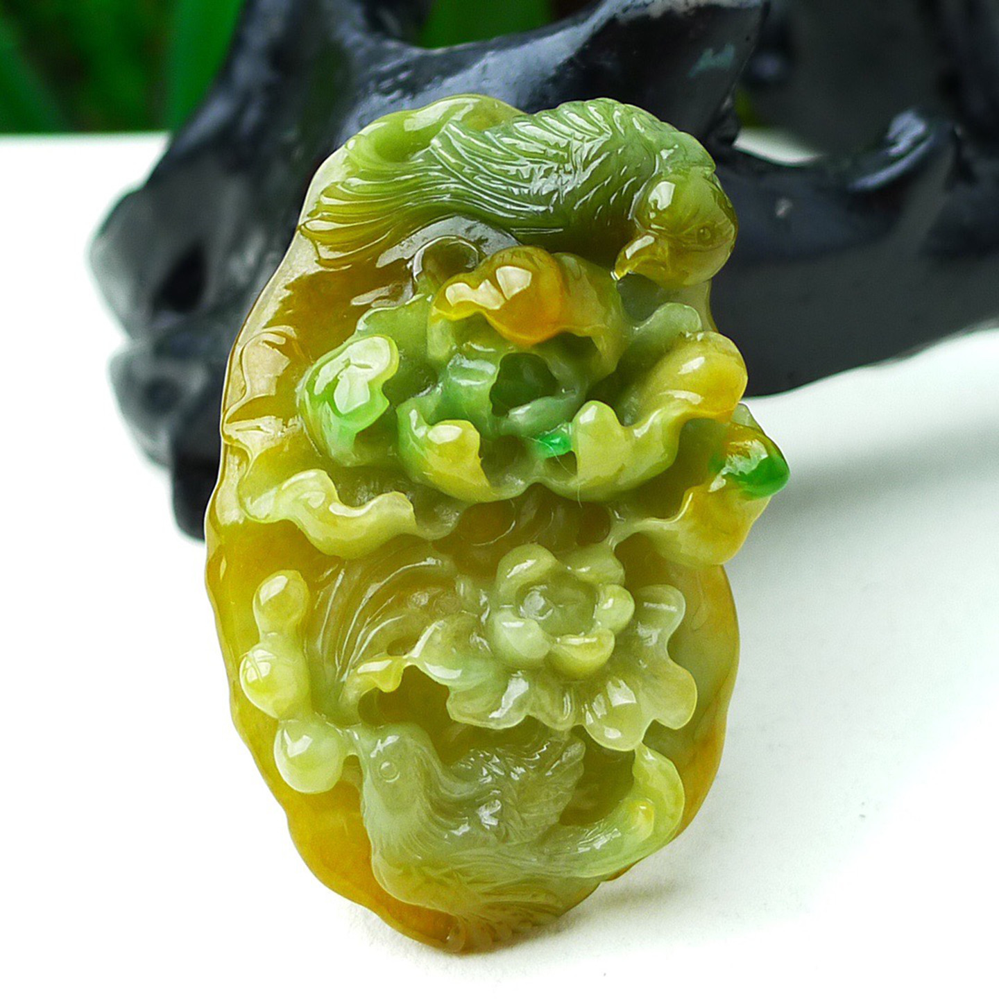 缅甸天然A货玉石翡翠 老坑冰种手工精雕三彩黄加绿花鸟吊坠
