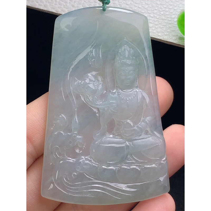 缅甸天然A货玉石翡翠 老坑冰种 手工精雕  大势至菩萨牌吊坠