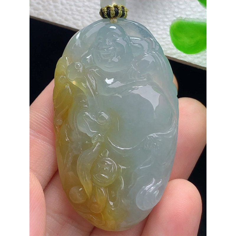 缅甸天然A货玉石翡翠 老坑冰种 手工精雕 飘黄弥勒佛牌吊坠